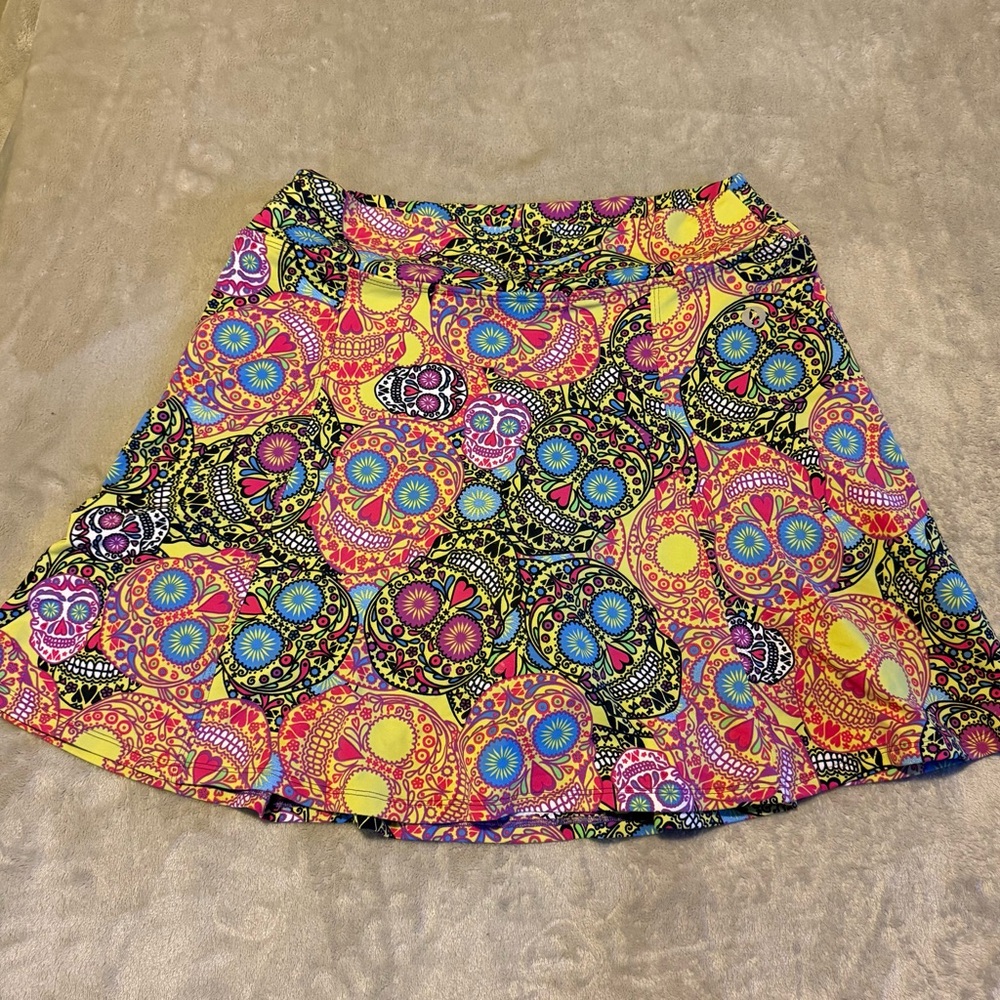 DonaJo Skort Women Sz 2 Multicolor Sugar Skull Pickleball Tenniscore Golf Artsy